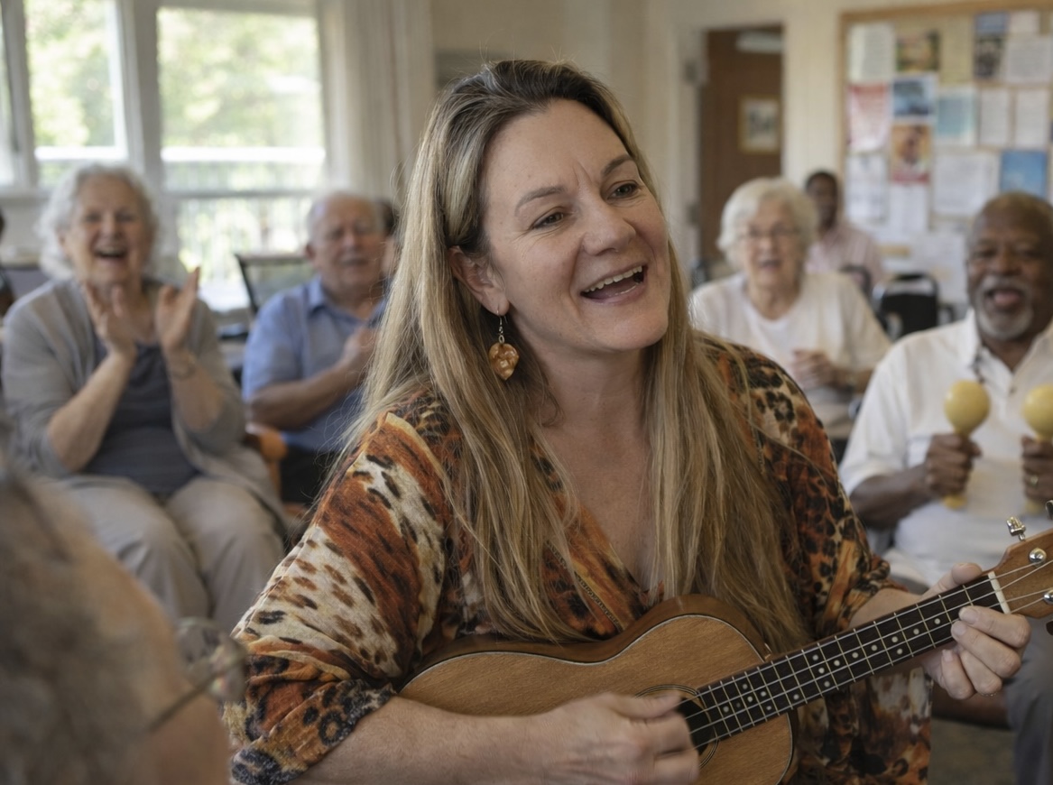 Diverse group of senior residents clapping and smiling during an interactive music performance, showing genuine engagement and joy