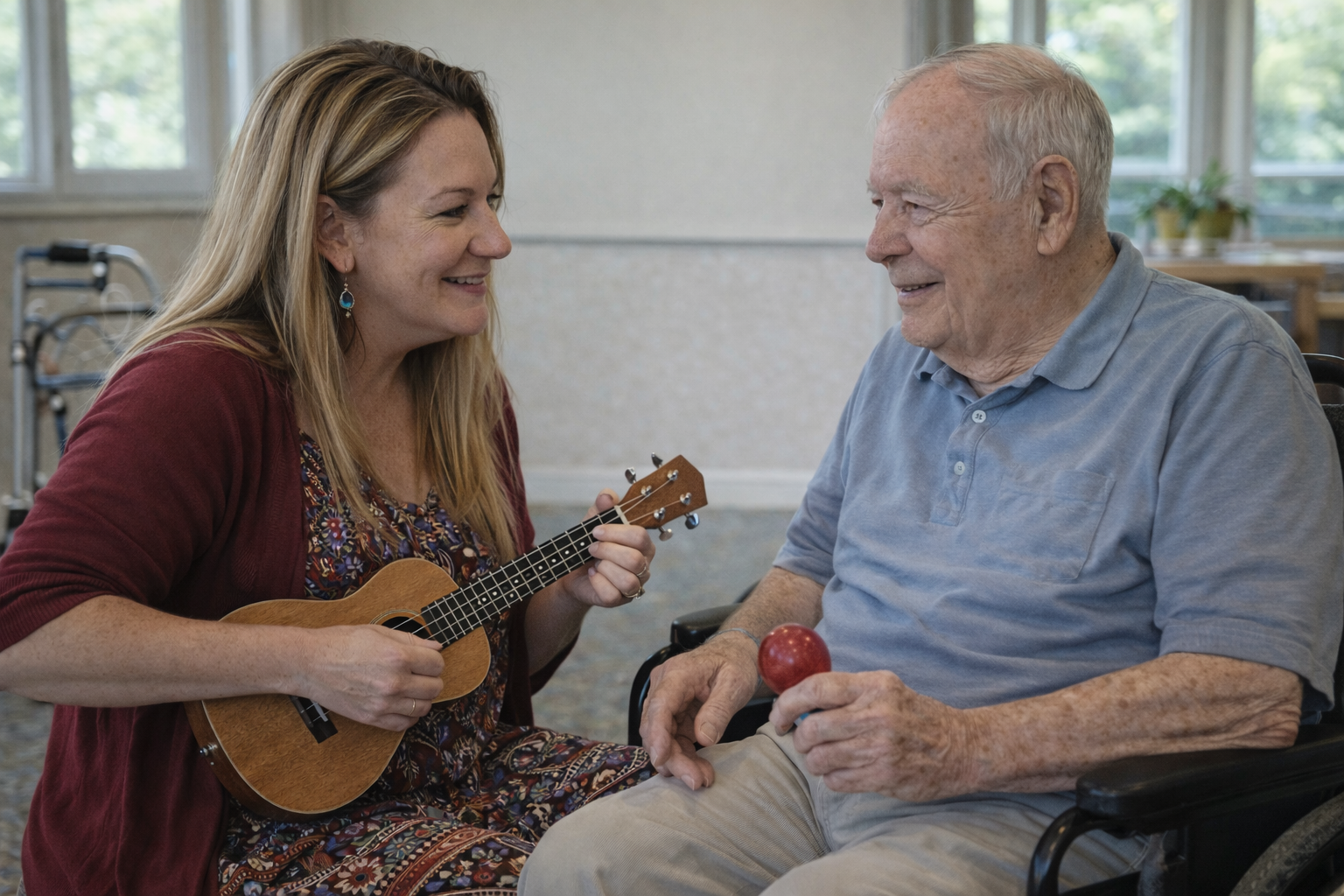 Music facilitator sharing a warm, dignified moment with an older adult resident in a wheelchair, demonstrating person-centered care and emotional connection