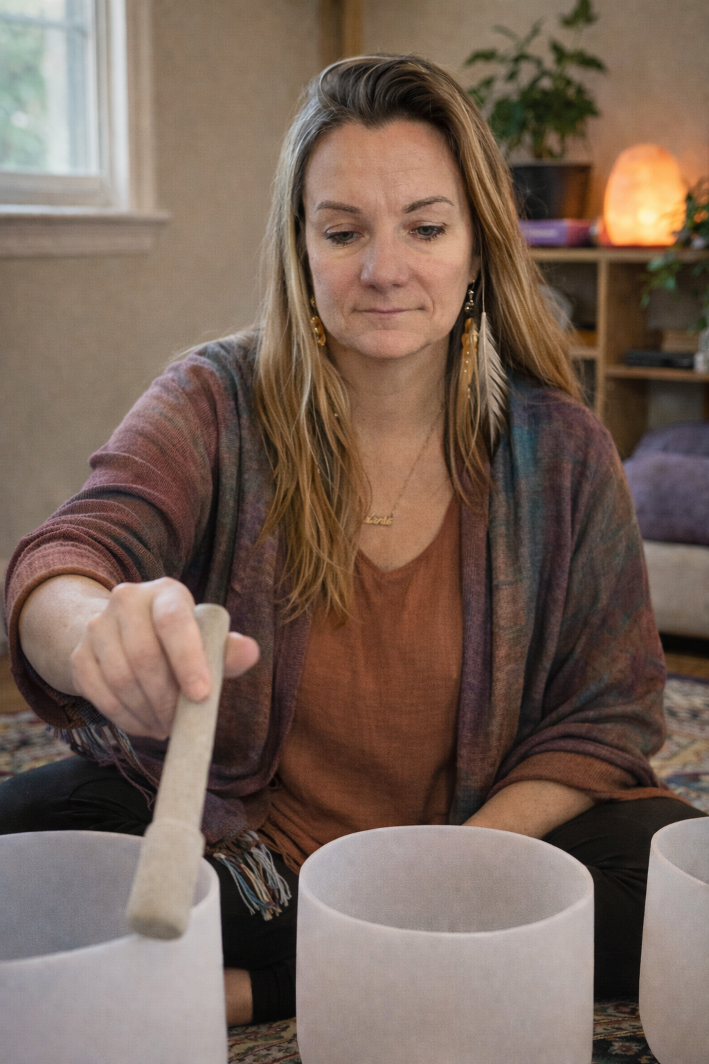 Sound healing session with crystal singing bowls in peaceful setting